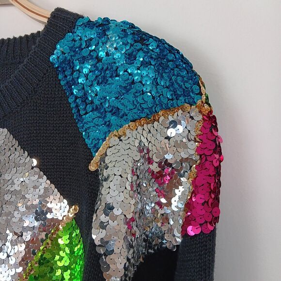Vintage Victoria Harbour Black Sequin Argyle Sweater Embellished Holiday Medium - Picture 4 of 11